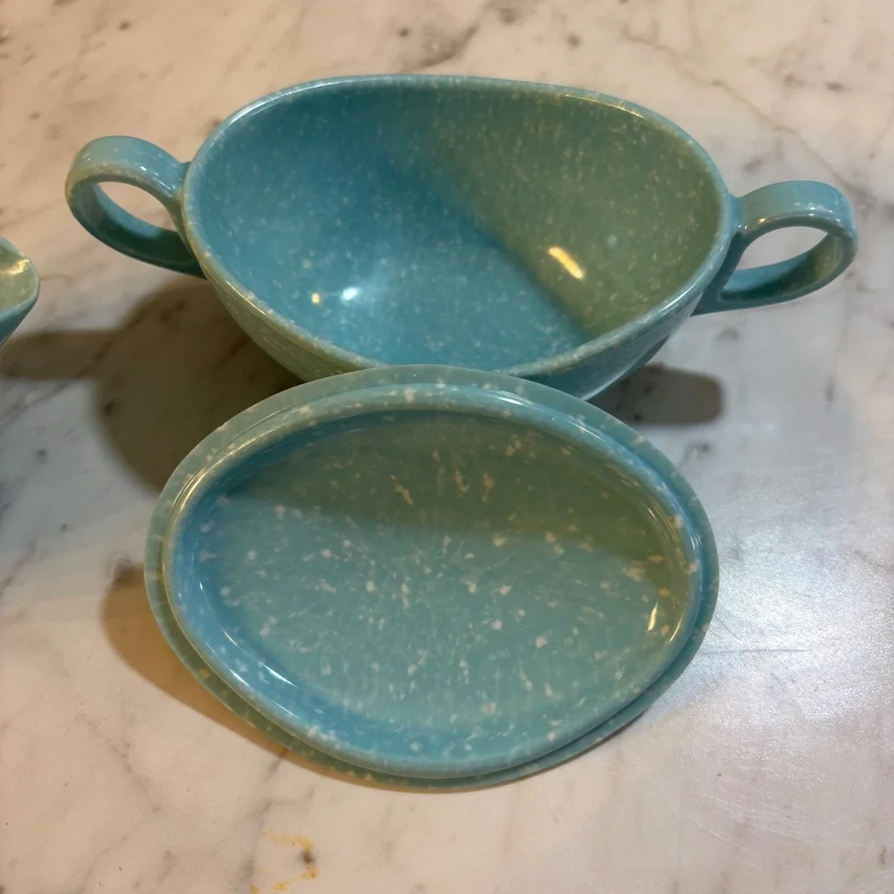 Vintage MCM Turquoise Blue Confetti Melmac Sugar Bowl and Creamer Set Speckled